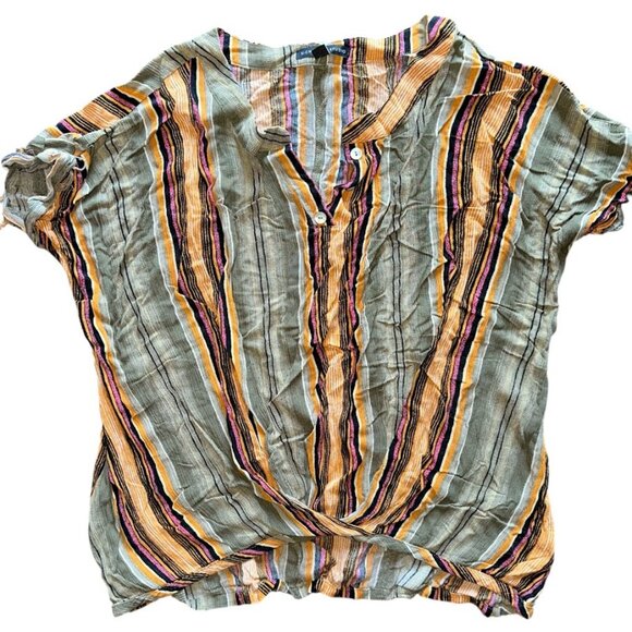 NWOT Signature Studio Green Orange Striped V Neck Top Size XL - Picture 1 of 2